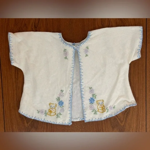Vintage Hand-Embroidered Baby Sweater – White Blue & Teddy Bear 0-3 Mos - Picture 2 of 5